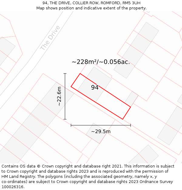 94, THE DRIVE, COLLIER ROW, ROMFORD, RM5 3UH: Plot and title map