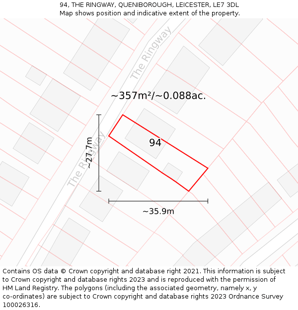 94, THE RINGWAY, QUENIBOROUGH, LEICESTER, LE7 3DL: Plot and title map