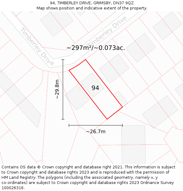 94, TIMBERLEY DRIVE, GRIMSBY, DN37 9QZ: Plot and title map
