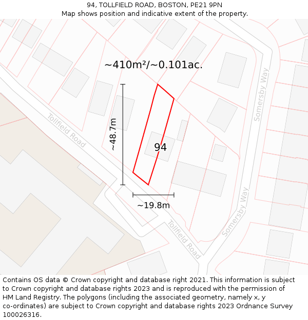 94, TOLLFIELD ROAD, BOSTON, PE21 9PN: Plot and title map
