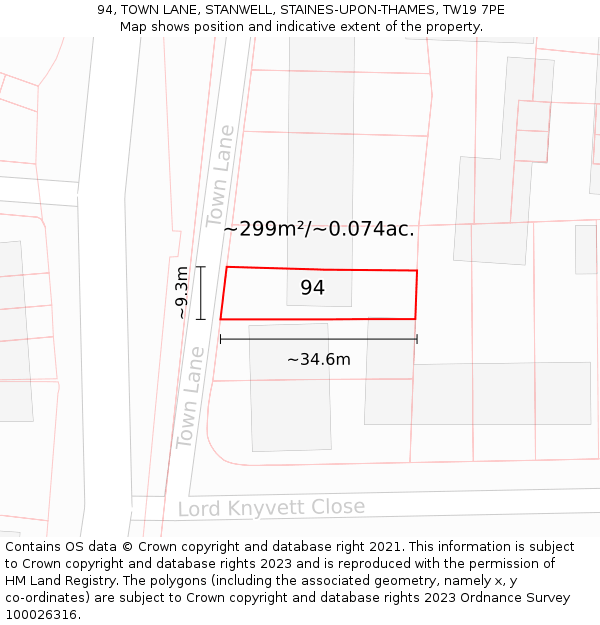 94, TOWN LANE, STANWELL, STAINES-UPON-THAMES, TW19 7PE: Plot and title map