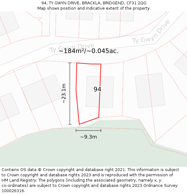 94, TY GWYN DRIVE, BRACKLA, BRIDGEND, CF31 2QG: Plot and title map