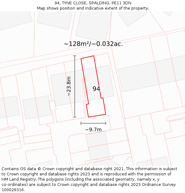 94, TYNE CLOSE, SPALDING, PE11 3DN: Plot and title map