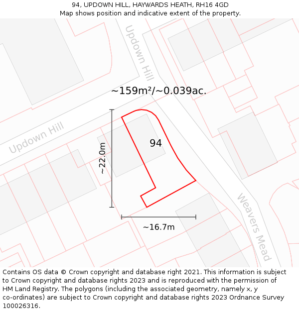 94, UPDOWN HILL, HAYWARDS HEATH, RH16 4GD: Plot and title map