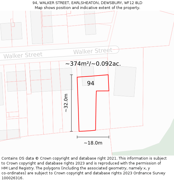 94, WALKER STREET, EARLSHEATON, DEWSBURY, WF12 8LD: Plot and title map