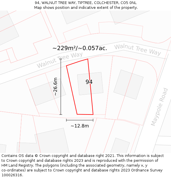 94, WALNUT TREE WAY, TIPTREE, COLCHESTER, CO5 0NL: Plot and title map