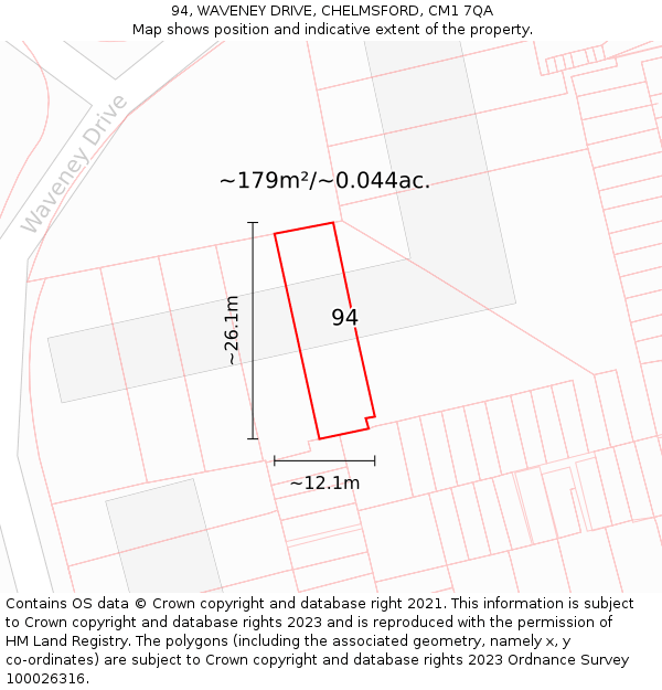 94, WAVENEY DRIVE, CHELMSFORD, CM1 7QA: Plot and title map