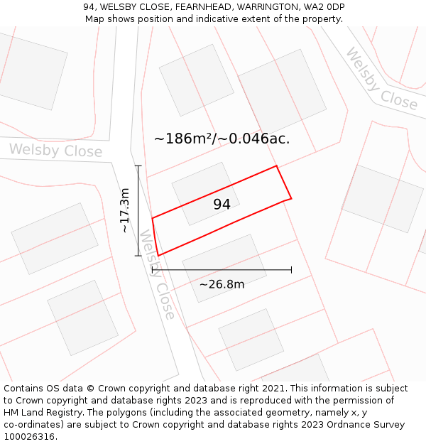 94, WELSBY CLOSE, FEARNHEAD, WARRINGTON, WA2 0DP: Plot and title map