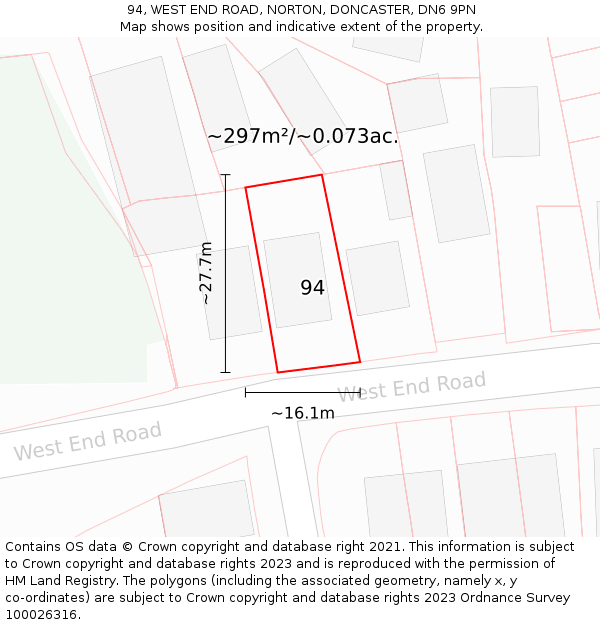 94, WEST END ROAD, NORTON, DONCASTER, DN6 9PN: Plot and title map