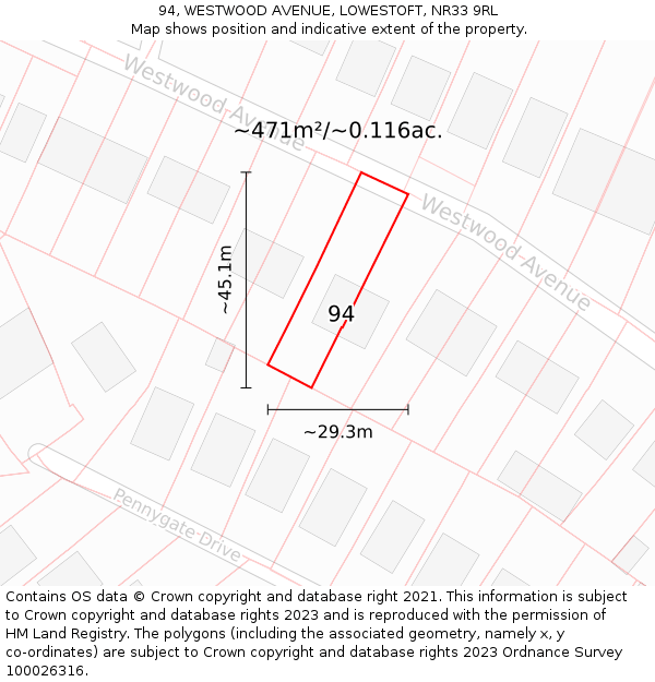 94, WESTWOOD AVENUE, LOWESTOFT, NR33 9RL: Plot and title map