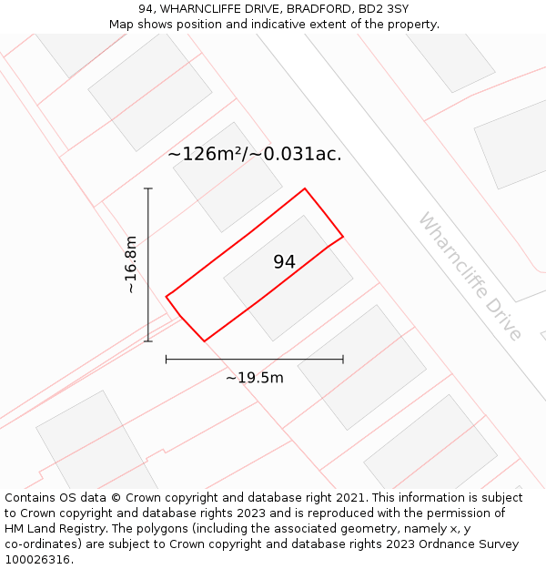 94, WHARNCLIFFE DRIVE, BRADFORD, BD2 3SY: Plot and title map