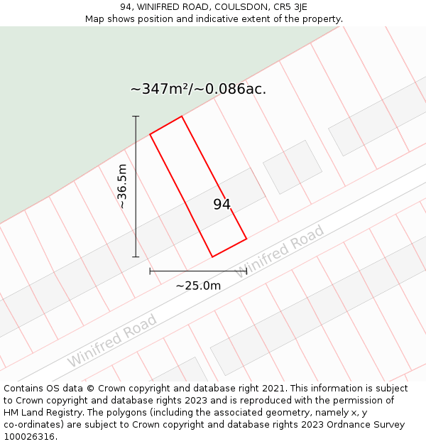94, WINIFRED ROAD, COULSDON, CR5 3JE: Plot and title map