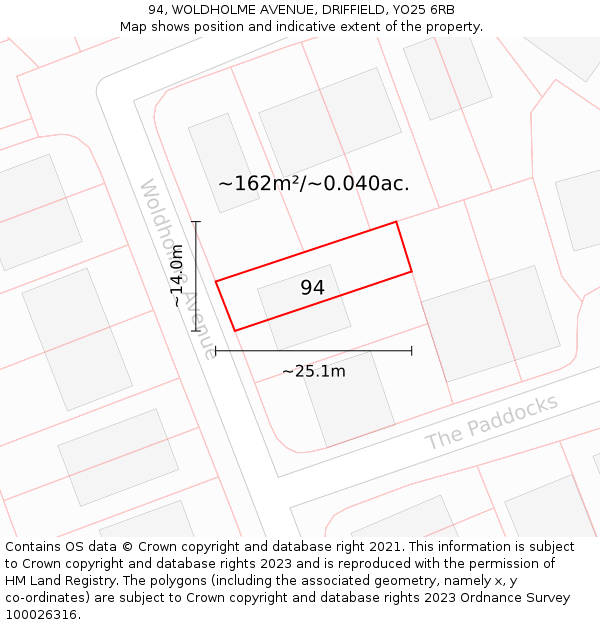 94, WOLDHOLME AVENUE, DRIFFIELD, YO25 6RB: Plot and title map