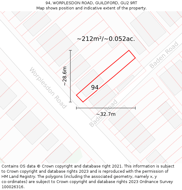 94, WORPLESDON ROAD, GUILDFORD, GU2 9RT: Plot and title map