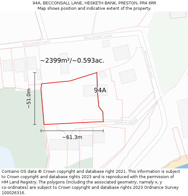 94A, BECCONSALL LANE, HESKETH BANK, PRESTON, PR4 6RR: Plot and title map