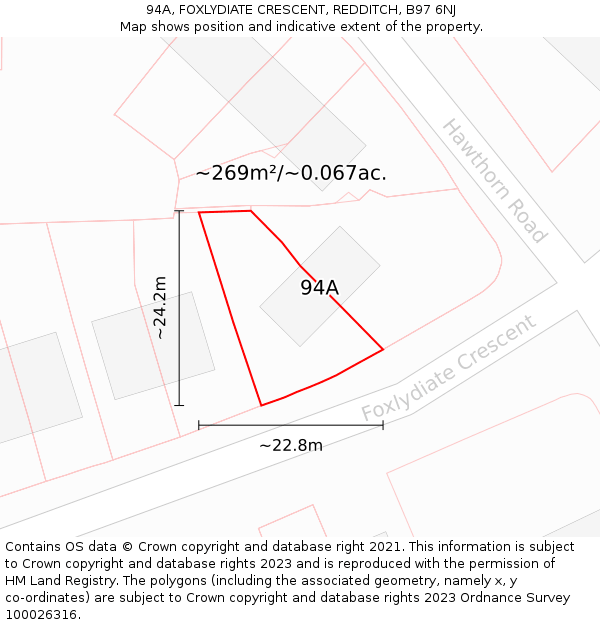 94A, FOXLYDIATE CRESCENT, REDDITCH, B97 6NJ: Plot and title map
