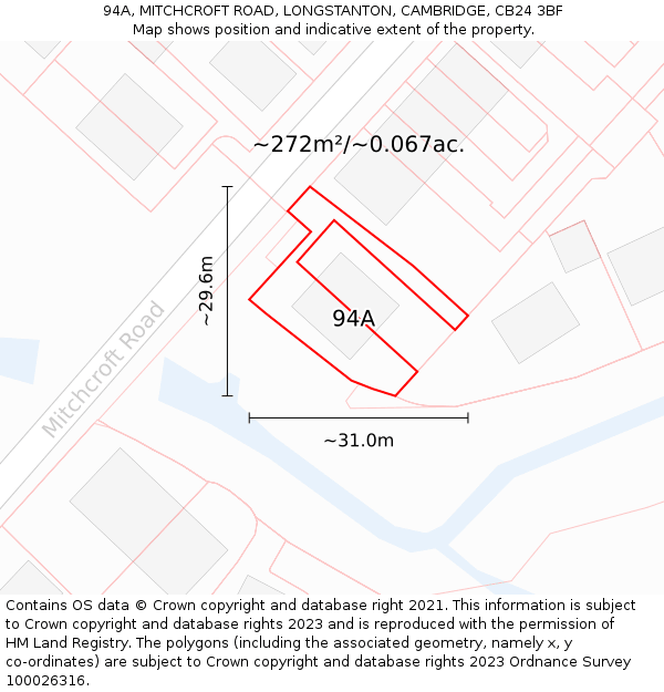 94A, MITCHCROFT ROAD, LONGSTANTON, CAMBRIDGE, CB24 3BF: Plot and title map