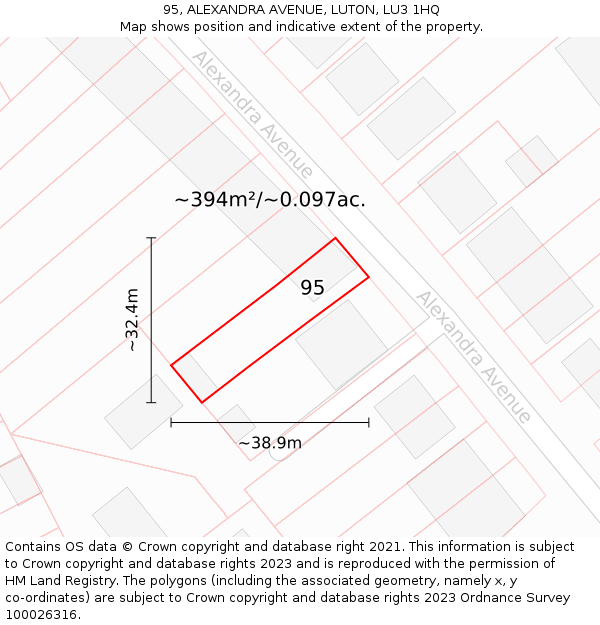 95, ALEXANDRA AVENUE, LUTON, LU3 1HQ: Plot and title map