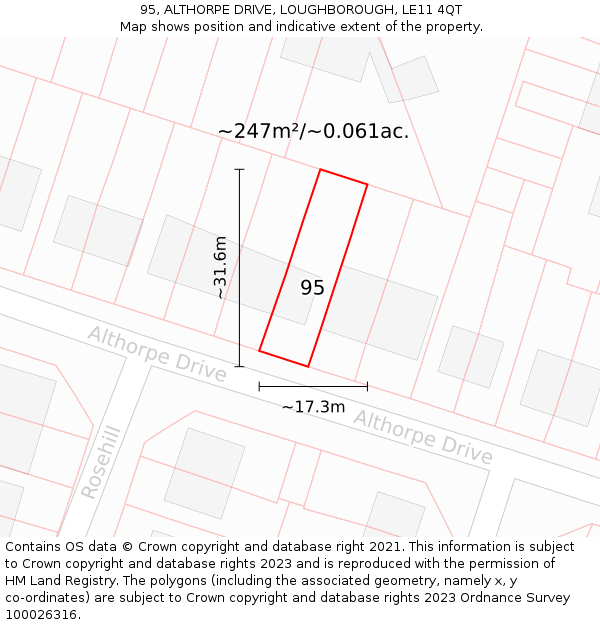 95, ALTHORPE DRIVE, LOUGHBOROUGH, LE11 4QT: Plot and title map