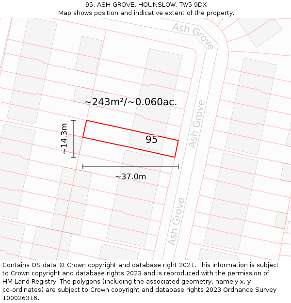 95, ASH GROVE, HOUNSLOW, TW5 9DX: Plot and title map