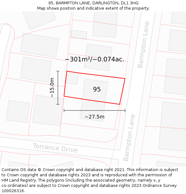 95, BARMPTON LANE, DARLINGTON, DL1 3HG: Plot and title map
