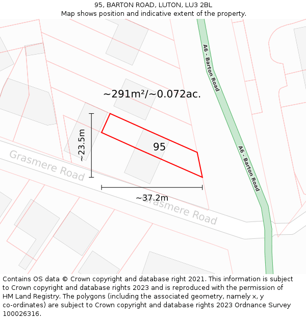 95, BARTON ROAD, LUTON, LU3 2BL: Plot and title map