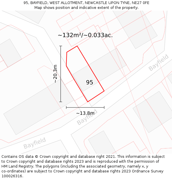 95, BAYFIELD, WEST ALLOTMENT, NEWCASTLE UPON TYNE, NE27 0FE: Plot and title map