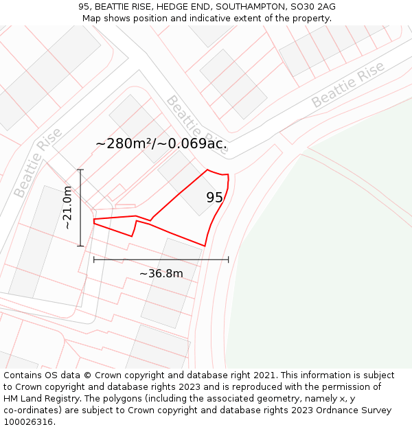 95, BEATTIE RISE, HEDGE END, SOUTHAMPTON, SO30 2AG: Plot and title map