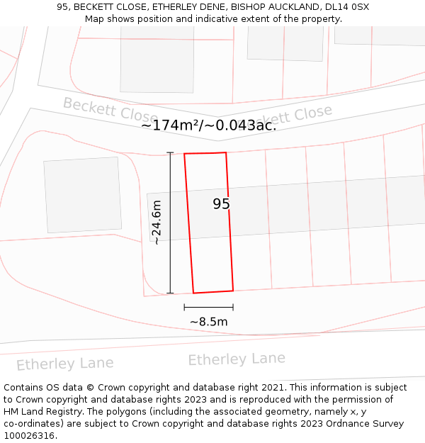 95, BECKETT CLOSE, ETHERLEY DENE, BISHOP AUCKLAND, DL14 0SX: Plot and title map