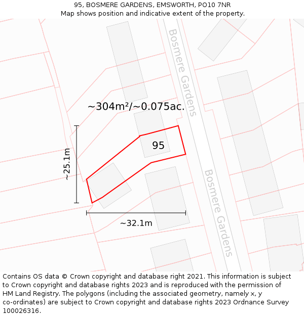 95, BOSMERE GARDENS, EMSWORTH, PO10 7NR: Plot and title map