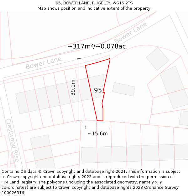 95, BOWER LANE, RUGELEY, WS15 2TS: Plot and title map