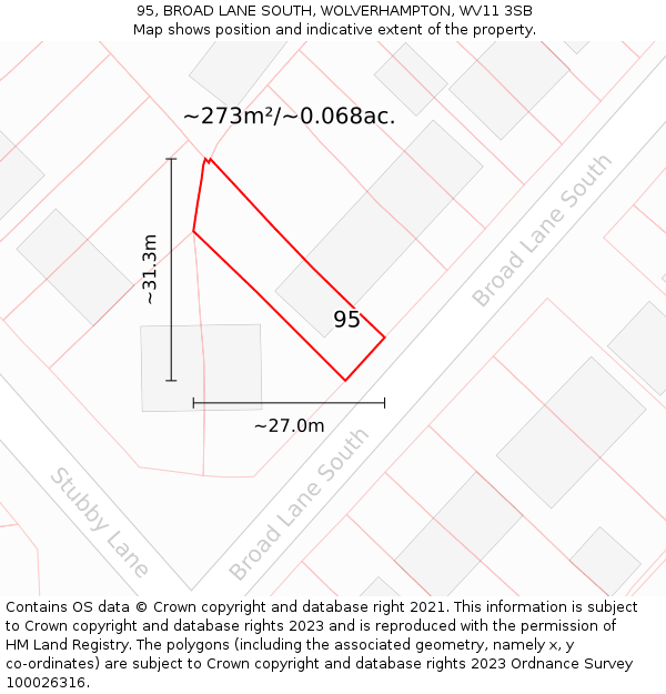 95, BROAD LANE SOUTH, WOLVERHAMPTON, WV11 3SB: Plot and title map