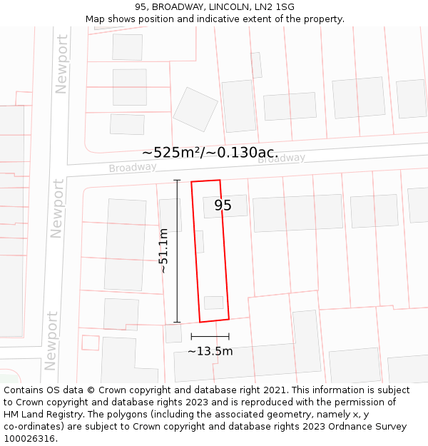 95, BROADWAY, LINCOLN, LN2 1SG: Plot and title map