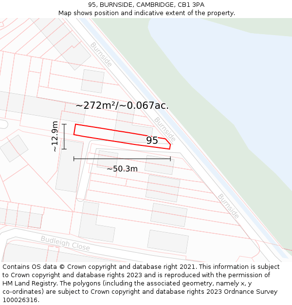 95, BURNSIDE, CAMBRIDGE, CB1 3PA: Plot and title map