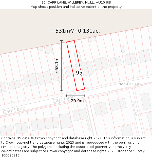 95, CARR LANE, WILLERBY, HULL, HU10 6JS: Plot and title map