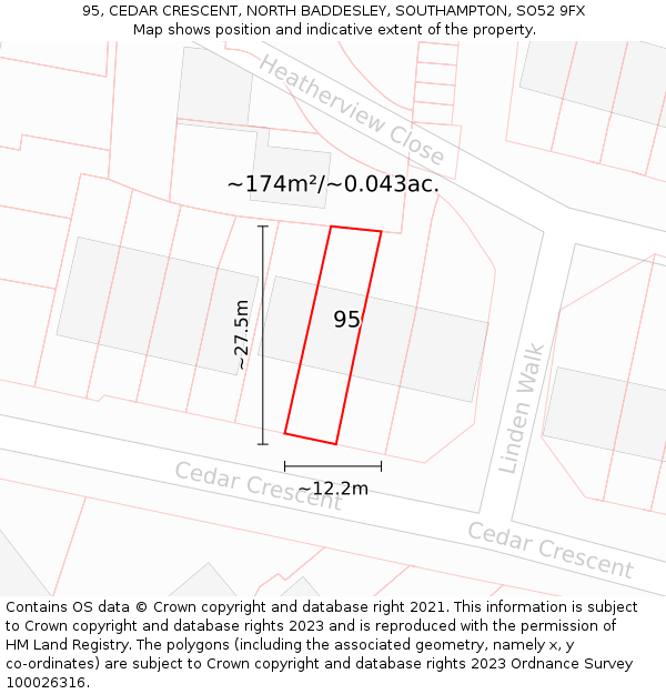 95, CEDAR CRESCENT, NORTH BADDESLEY, SOUTHAMPTON, SO52 9FX: Plot and title map