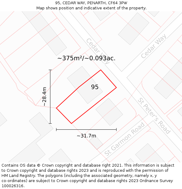 95, CEDAR WAY, PENARTH, CF64 3PW: Plot and title map