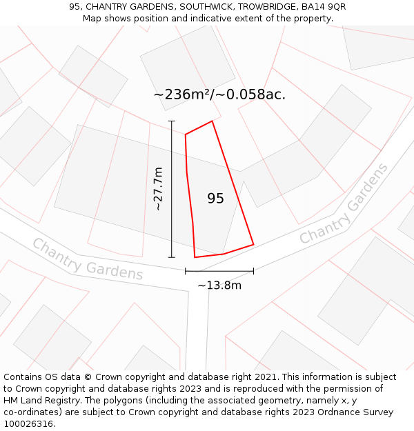 95, CHANTRY GARDENS, SOUTHWICK, TROWBRIDGE, BA14 9QR: Plot and title map