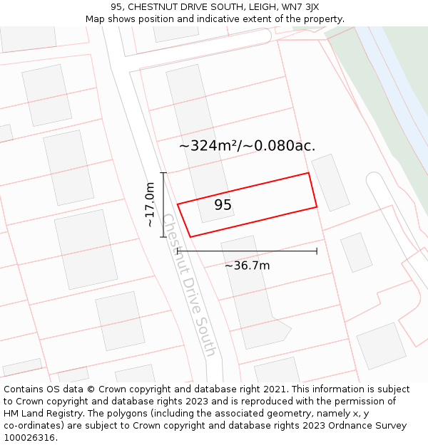 95, CHESTNUT DRIVE SOUTH, LEIGH, WN7 3JX: Plot and title map