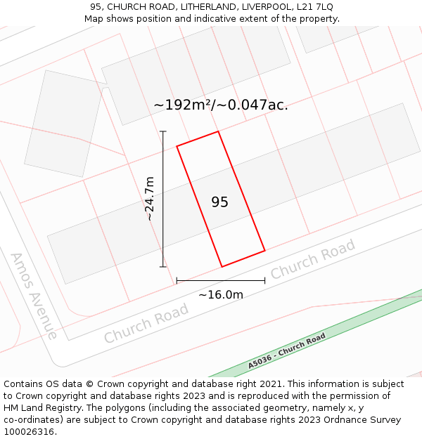 95, CHURCH ROAD, LITHERLAND, LIVERPOOL, L21 7LQ: Plot and title map
