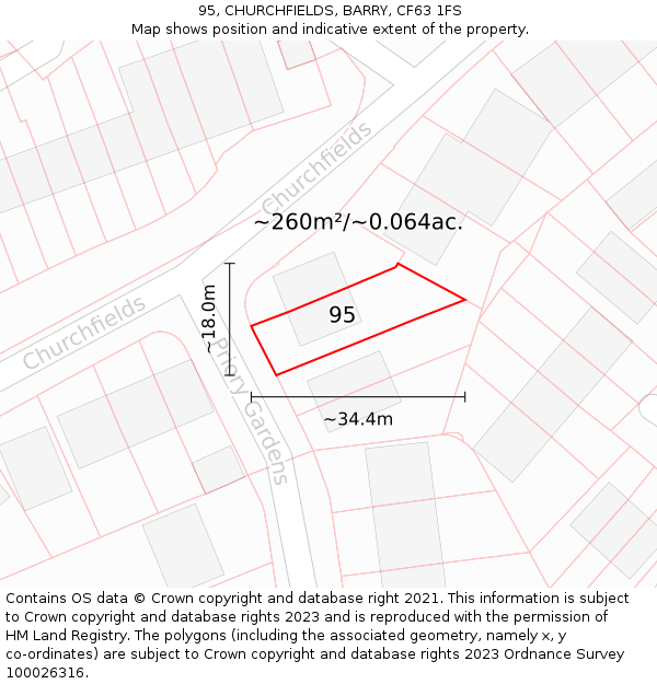 95, CHURCHFIELDS, BARRY, CF63 1FS: Plot and title map