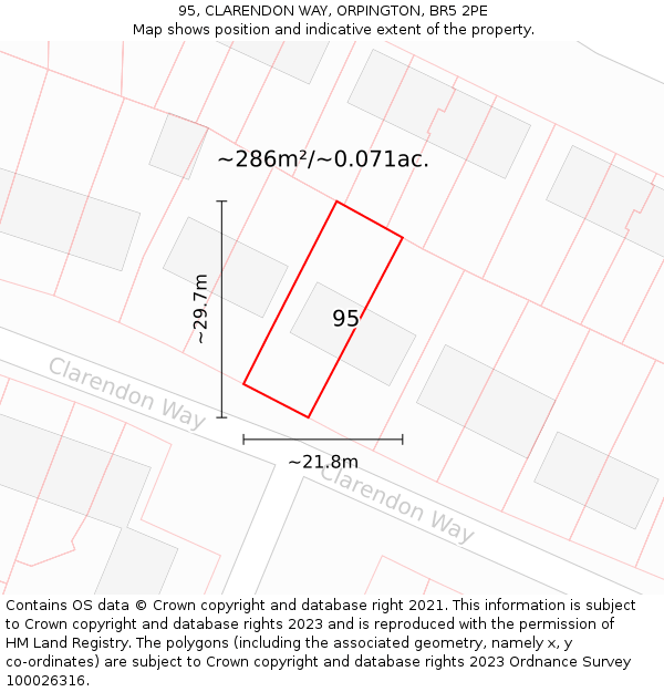 95, CLARENDON WAY, ORPINGTON, BR5 2PE: Plot and title map
