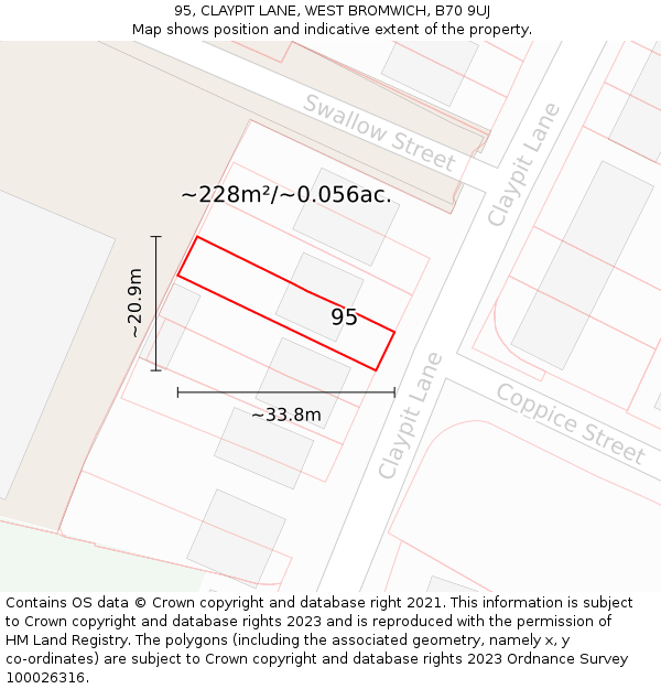 95, CLAYPIT LANE, WEST BROMWICH, B70 9UJ: Plot and title map