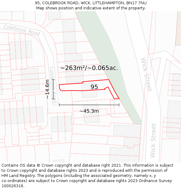 95, COLEBROOK ROAD, WICK, LITTLEHAMPTON, BN17 7NU: Plot and title map