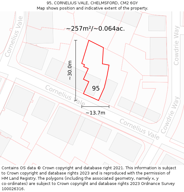 95, CORNELIUS VALE, CHELMSFORD, CM2 6GY: Plot and title map