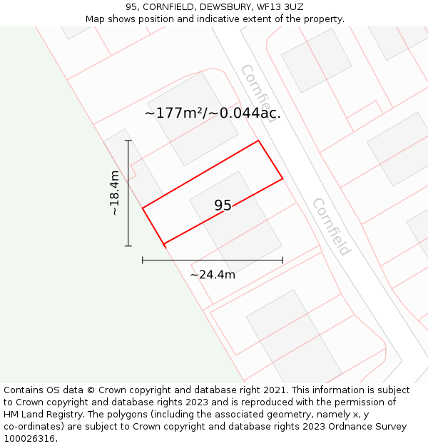 95, CORNFIELD, DEWSBURY, WF13 3UZ: Plot and title map