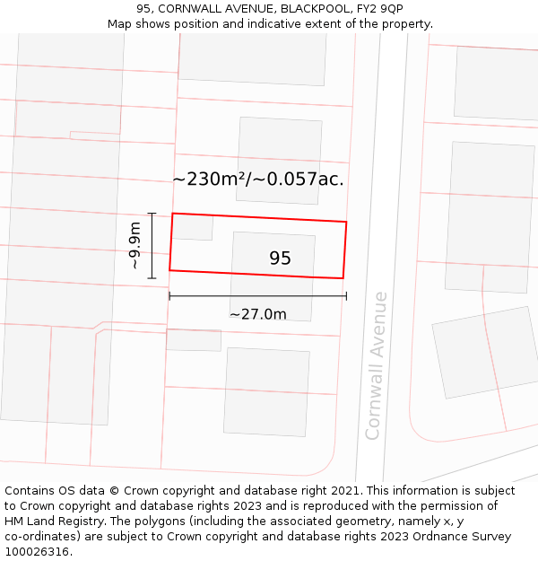 95, CORNWALL AVENUE, BLACKPOOL, FY2 9QP: Plot and title map