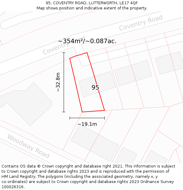 95, COVENTRY ROAD, LUTTERWORTH, LE17 4QF: Plot and title map