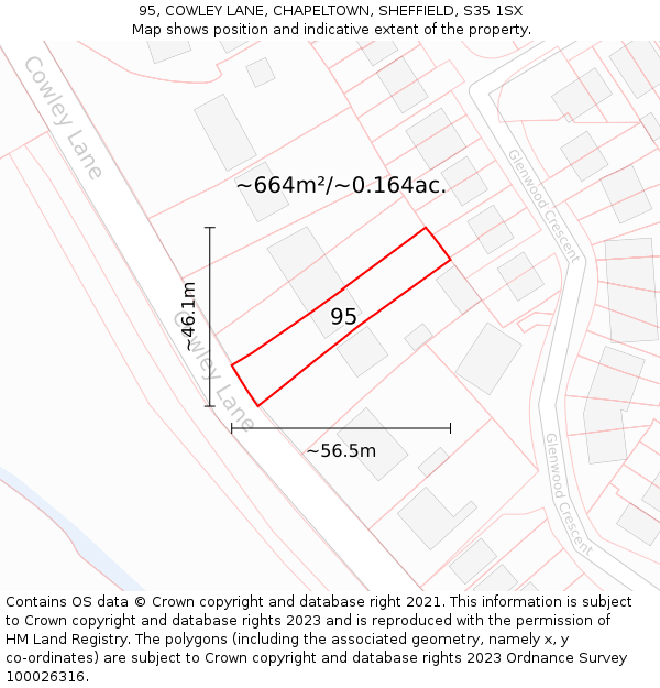 95, COWLEY LANE, CHAPELTOWN, SHEFFIELD, S35 1SX: Plot and title map