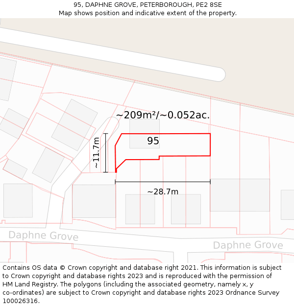 95, DAPHNE GROVE, PETERBOROUGH, PE2 8SE: Plot and title map